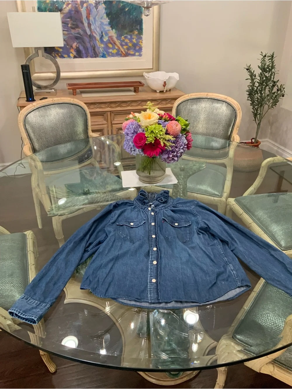 KMJ Girls' Ruffled Collar Denim Jacket in Medium Blue